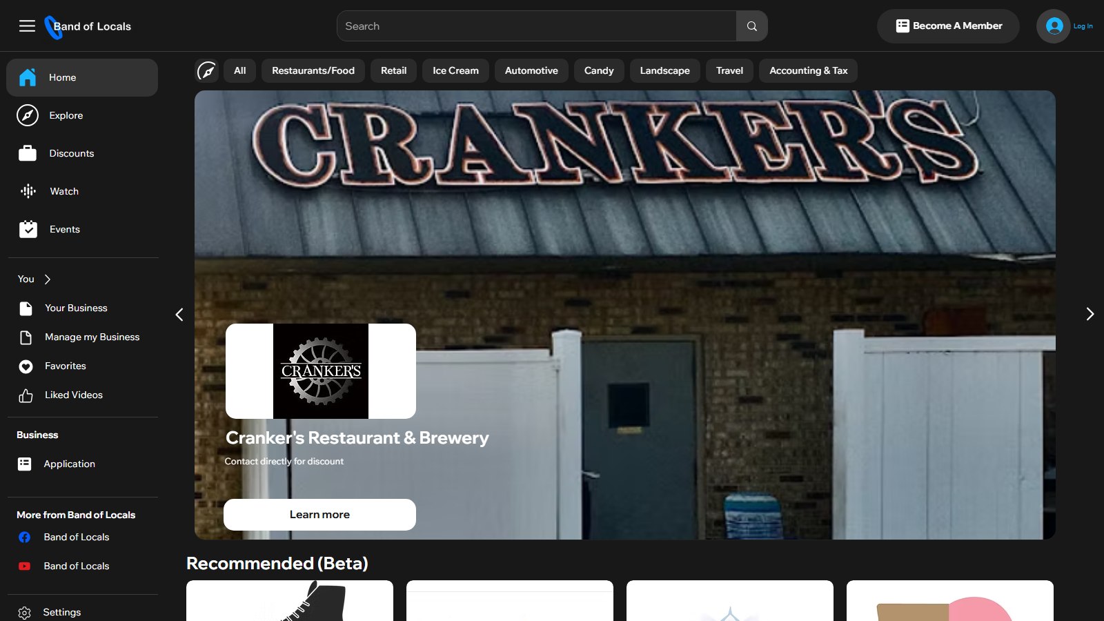 Band of Locals website homepage with local business and community content