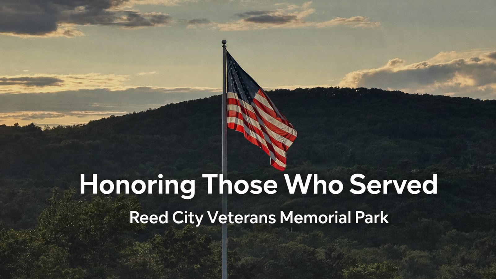 Reed City Veterans Memorial website homepage with the memorial and an American flag